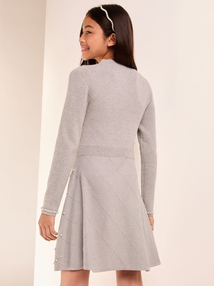 Lipsy Grey Pearl Detail Knitted Dress (5-16yrs) - Image 4 of 4