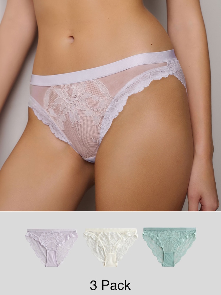 Мятно-зеленый/сиреневый/Cream - Набор из 3 кружевных трусов - Image 1 of 13
