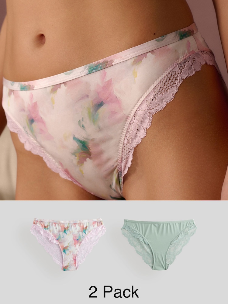 uni/imprimé - Lot de 2 culottes à bordure en microfibre et dentelle - Image 1 of 12