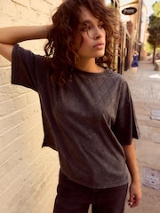 Black 100% Cotton Short Sleeve Washed Embellished Sparkle T-Shirt - Image 1 of 9