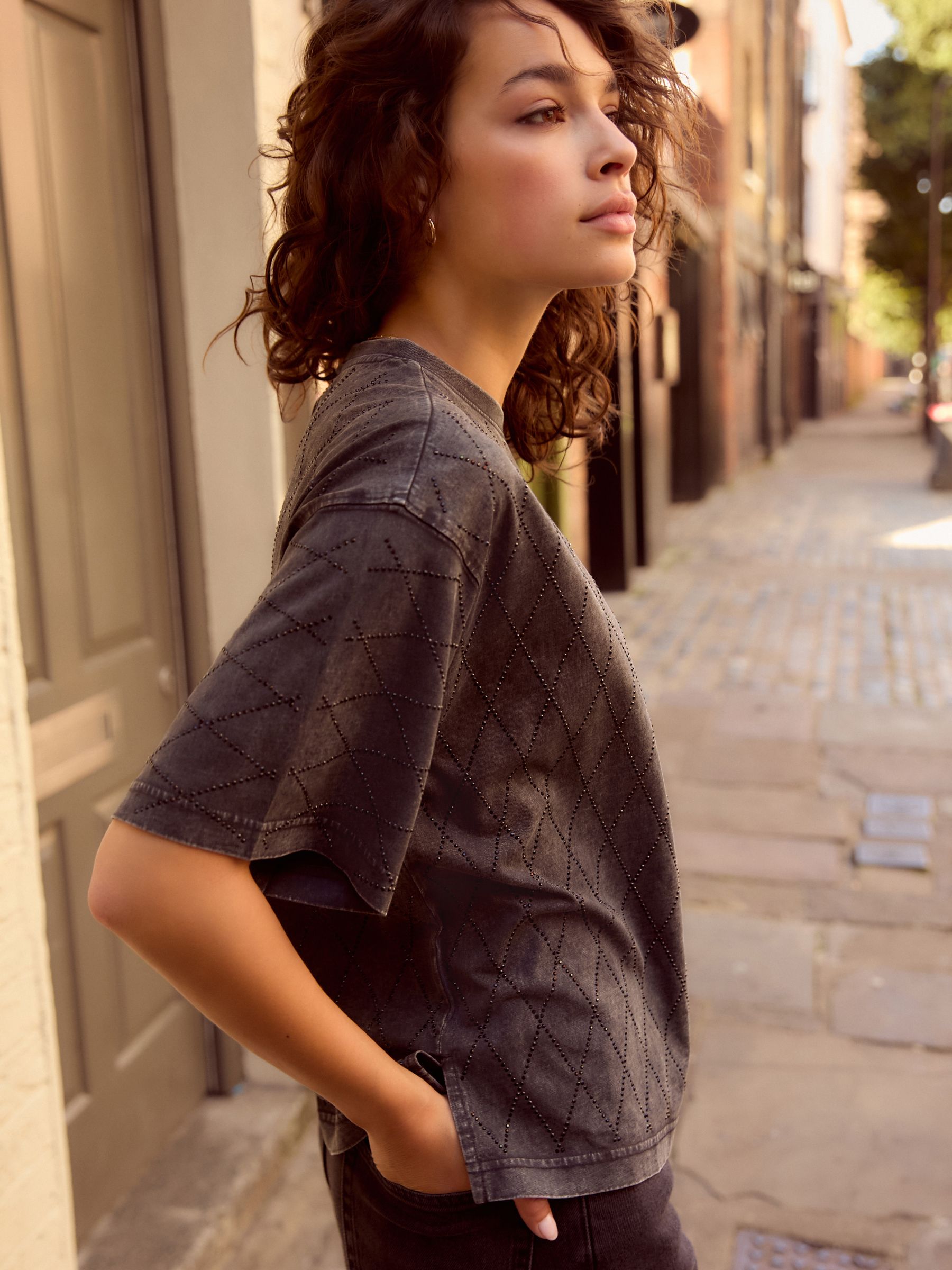 Buy Black 100% Cotton Short Sleeve Washed Embellished