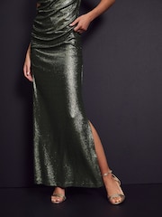 Dark Green Sparkle Ruched Side Maxi Skirt - Image 6 of 7