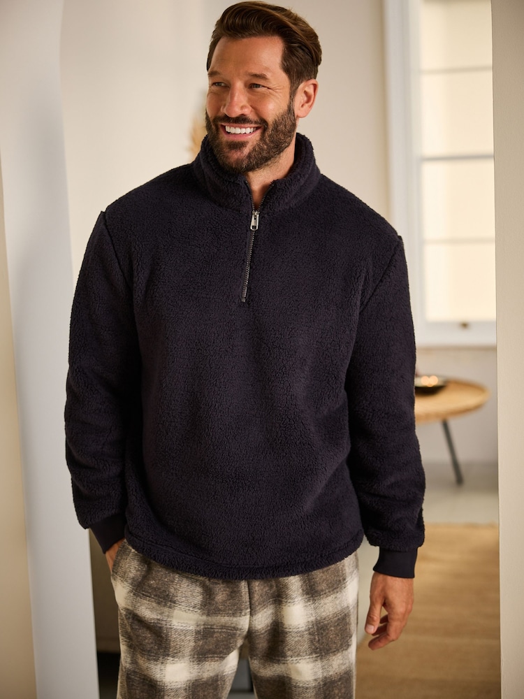 Navy Blue Fleece Borg Quarter Zip Neck Top - Image 1 of 9