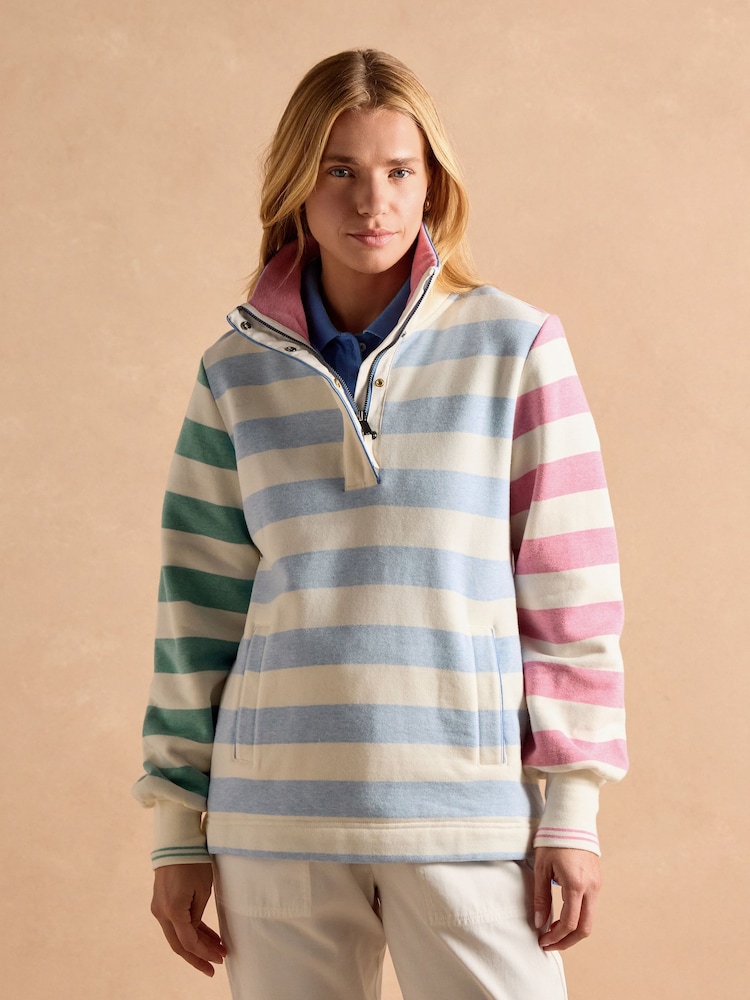 Rayas blancas y azules - Suéter de algodón con cuello alzado y cremallera corta Burnham de Joules - Imagen 1 de 14