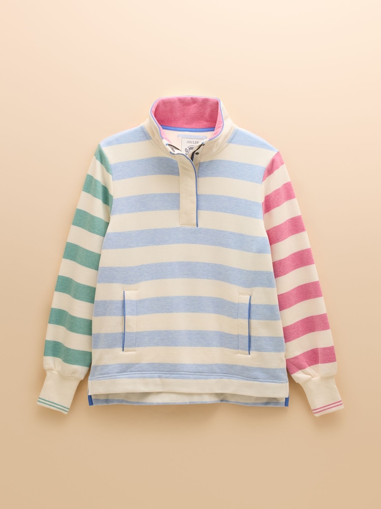 Joules Burnham White & Blue Stripe Cotton Funnel Neck Quarter Zip Sweatshirt - Image 10 of 14