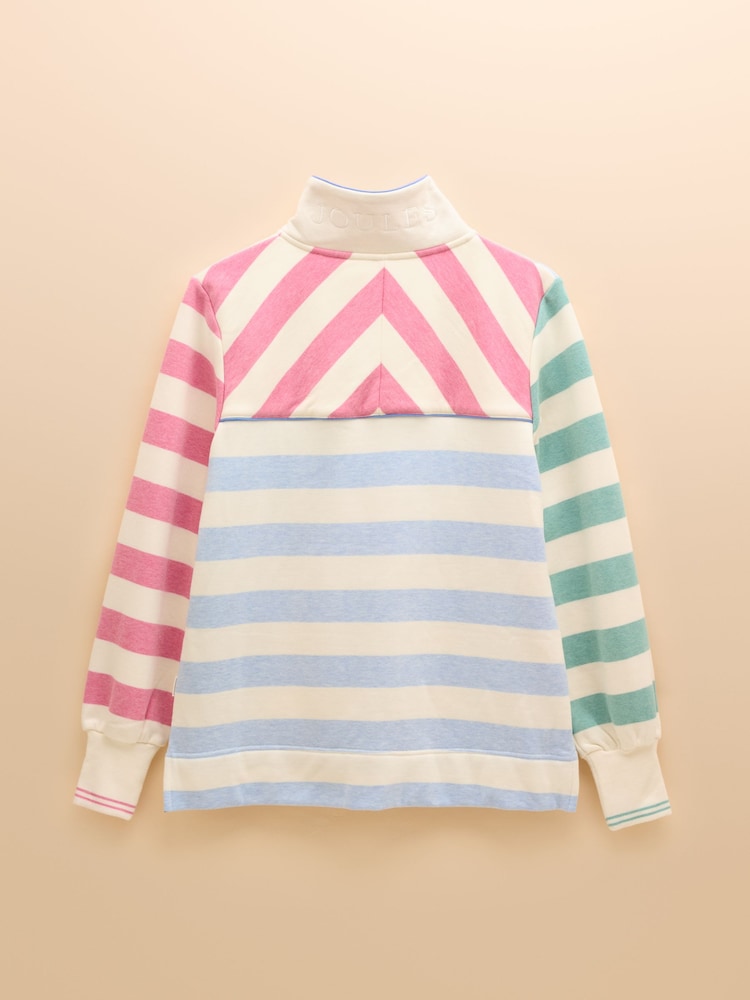 Joules Burnham White & Blue Stripe Cotton Funnel Neck Quarter Zip Sweatshirt - Image 11 of 14