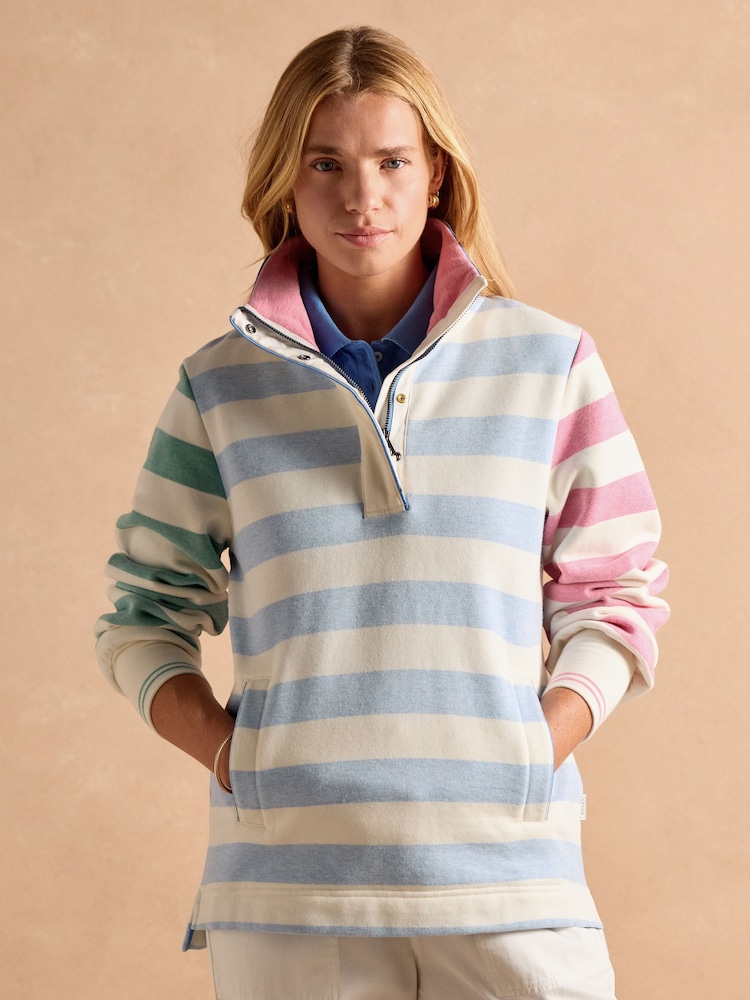 Joules Burnham White & Blue Stripe Cotton Funnel Neck Quarter Zip Sweatshirt - Image 7 of 14