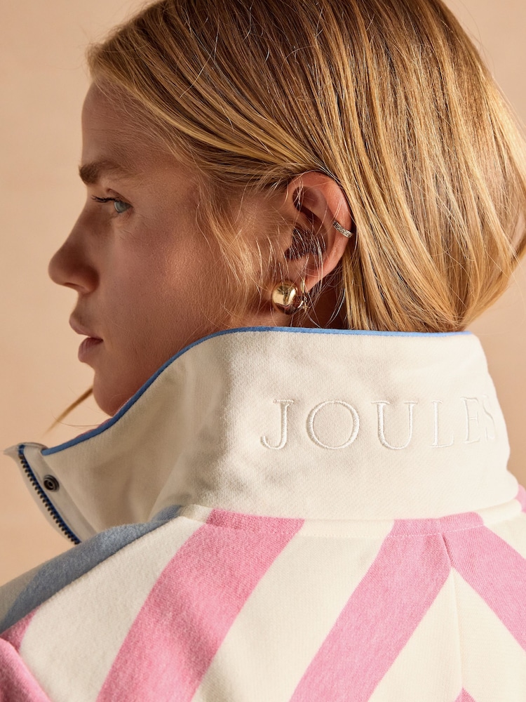 Joules Burnham White & Blue Stripe Cotton Funnel Neck Quarter Zip Sweatshirt - Image 8 of 14