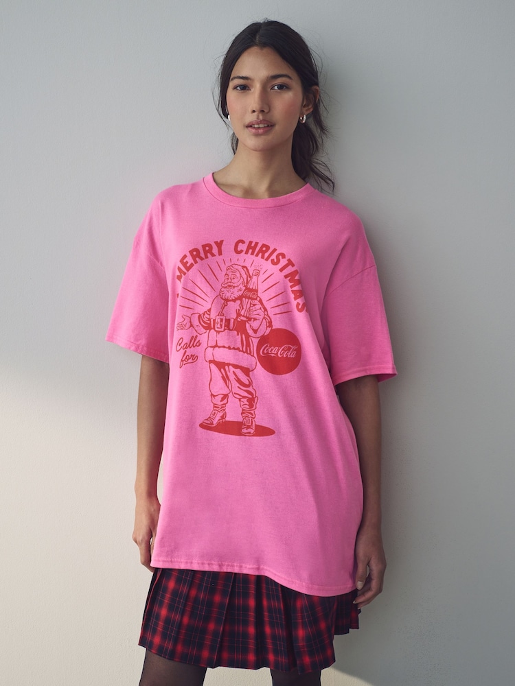 Pink Christmas License Coca Cola Graphic 100% Cotton T-Shirt - Image 2 of 6