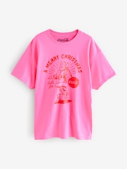 Pink Christmas License Coca Cola Graphic 100% Cotton T-Shirt - Image 4 of 6
