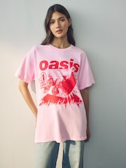 Pink/Red 100% Cotton Official License Oasis Band  Relaxed Fit T-Shirt - Image 1 of 8
