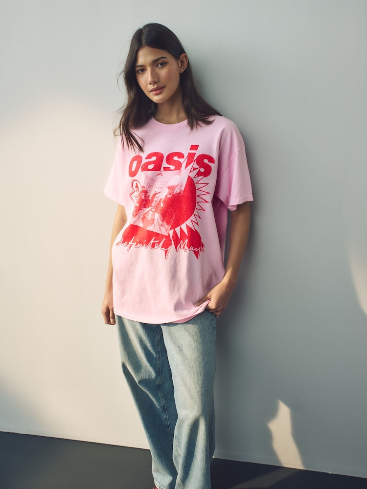 Pink/Rot - 100% Cotton Official License Oasis Band  Relaxed Fit T-Shirt - Image 4 of 8