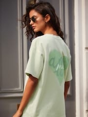 Green Washed Graphic Amour Moi Love Heart T-Shirt - Image 1 of 9