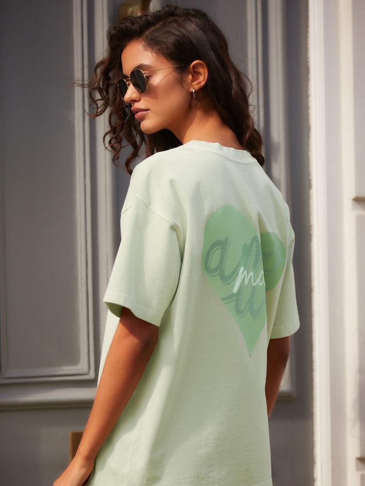 Green Washed Graphic Amour Moi Love Heart T-Shirt - Image 1 of 9
