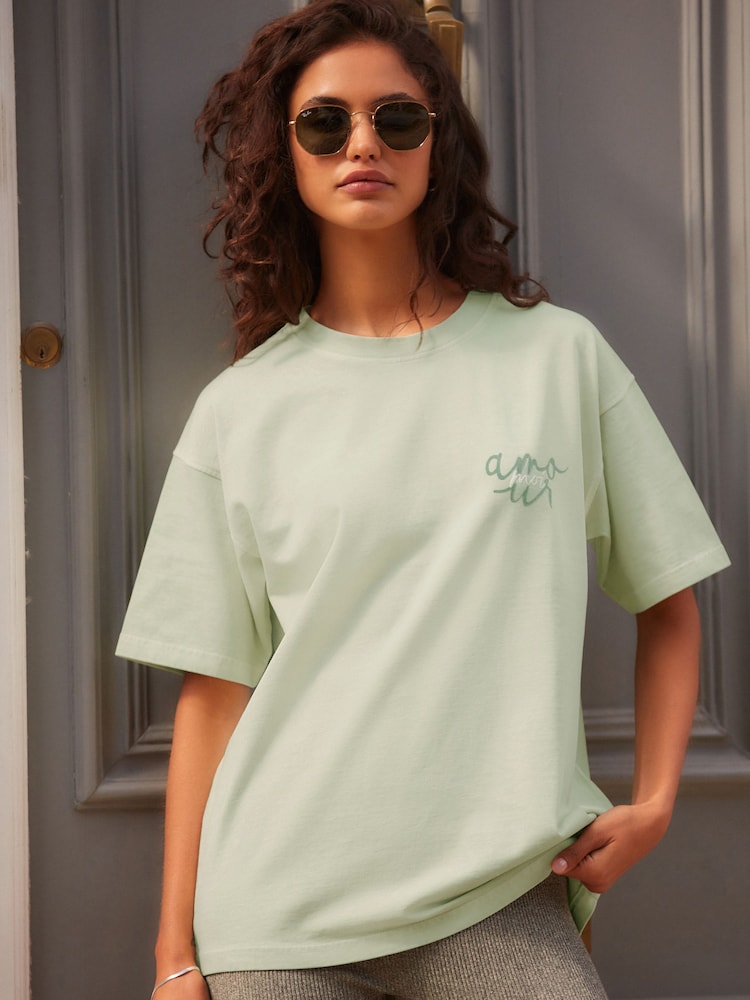Green Washed Graphic Amour Moi Love Heart T-Shirt - Image 3 of 9