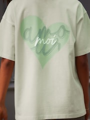 Green Washed Graphic Amour Moi Love Heart T-Shirt - Image 4 of 9