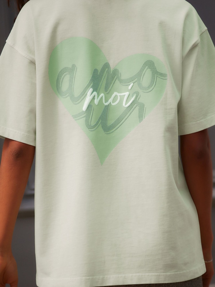 Green Washed Graphic Amour Moi Love Heart T-Shirt - Image 4 of 9