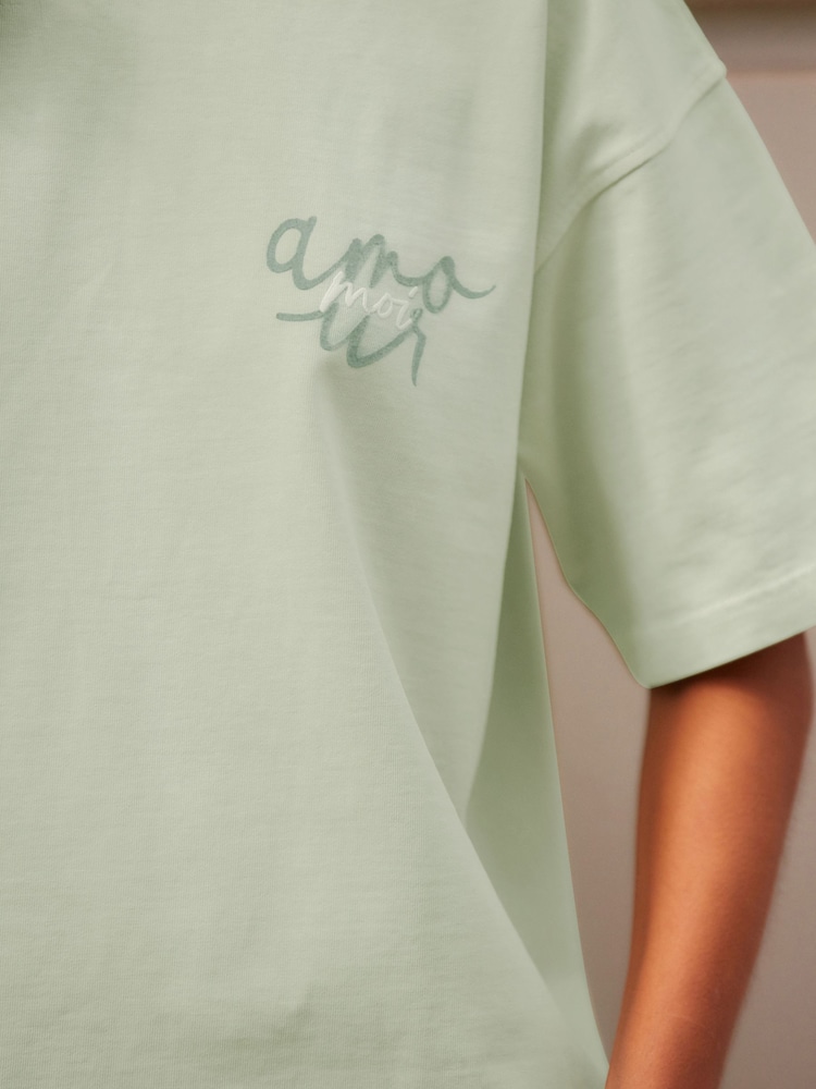 Green Washed Graphic Amour Moi Love Heart T-Shirt - Image 5 of 9