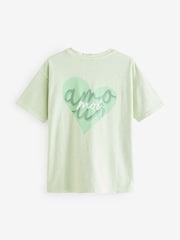 Green Washed Graphic Amour Moi Love Heart T-Shirt - Image 7 of 9