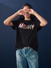 Black 100% Cotton Merry Christmas T-Shirt - Image 1 of 8