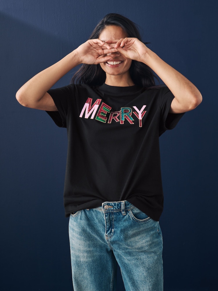 Black 100% Cotton Merry Christmas T-Shirt - Image 1 of 8