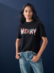 Black 100% Cotton Merry Christmas T-Shirt - Image 2 of 8