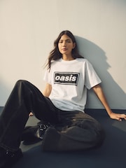 White/Black 90s Graphic 100% Cotton Official License Oasis Band  Relaxed Fit T-Shirt - Image 1 of 5