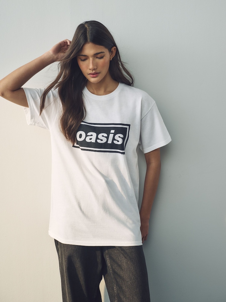 White/Black 90s Graphic 100% Cotton Official License Oasis Band  Relaxed Fit T-Shirt - Image 2 of 5