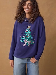 Navy Sparkle Tree And Bow Long Sleeve Christmas 100% Cotton T-Shirt - Image 3 of 8