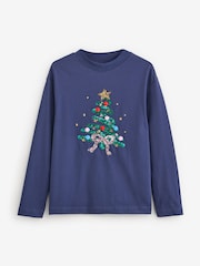 Navy Sparkle Tree And Bow Long Sleeve Christmas 100% Cotton T-Shirt - Image 6 of 8