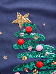 Navy Sparkle Tree And Bow Long Sleeve Christmas 100% Cotton T-Shirt - Image 7 of 8