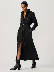 Black Tiered Seam Front Denim 100% Cotton Midi Dress - Image 1 of 3