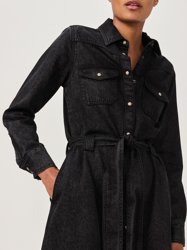 Black Tiered Seam Front Denim 100% Cotton Midi Dress - Image 3 of 3