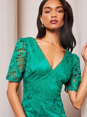 Зеленый - Lipsy Кружево премиум Broderie с коротким рукавом V Neck High Low Midi платья - Image 4 of 4
