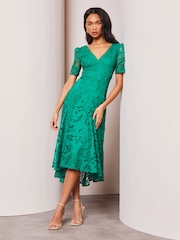Lipsy Green Premium Broderie Lace Shortss Sleeve V Neck High Low Midi Dress - Image 1 of 4
