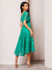 Lipsy Green Premium Broderie Lace Shortss Sleeve V Neck High Low Midi Dress - Image 2 of 4
