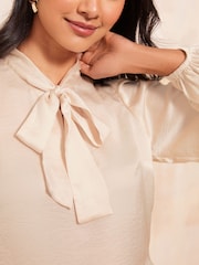 Friends Like These Cream Petite Pussy Bow Tie Front Long Sleeve Blouse - Image 2 of 4