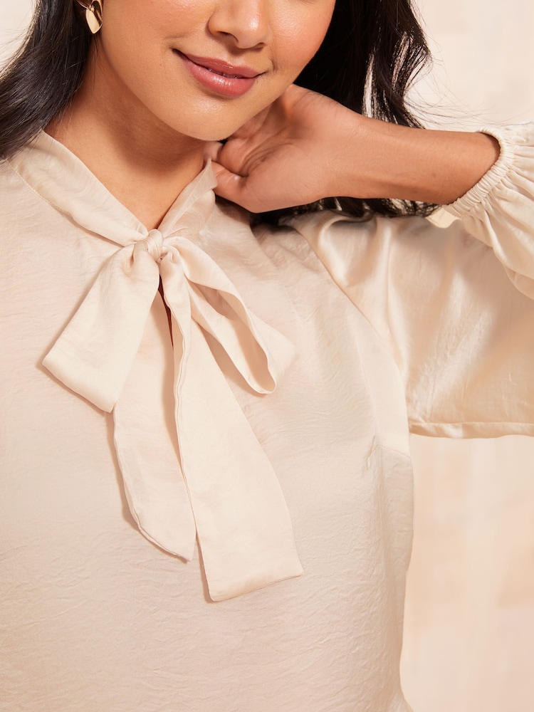 Friends Like These Cream Petite Pussy Bow Tie Front Long Sleeve Blouse - Image 2 of 4