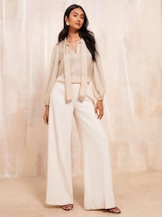 Friends Like These Cream Petite Pussy Bow Tie Front Long Sleeve Blouse - Image 3 of 4