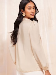 Friends Like These Cream Petite Pussy Bow Tie Front Long Sleeve Blouse - Image 4 of 4