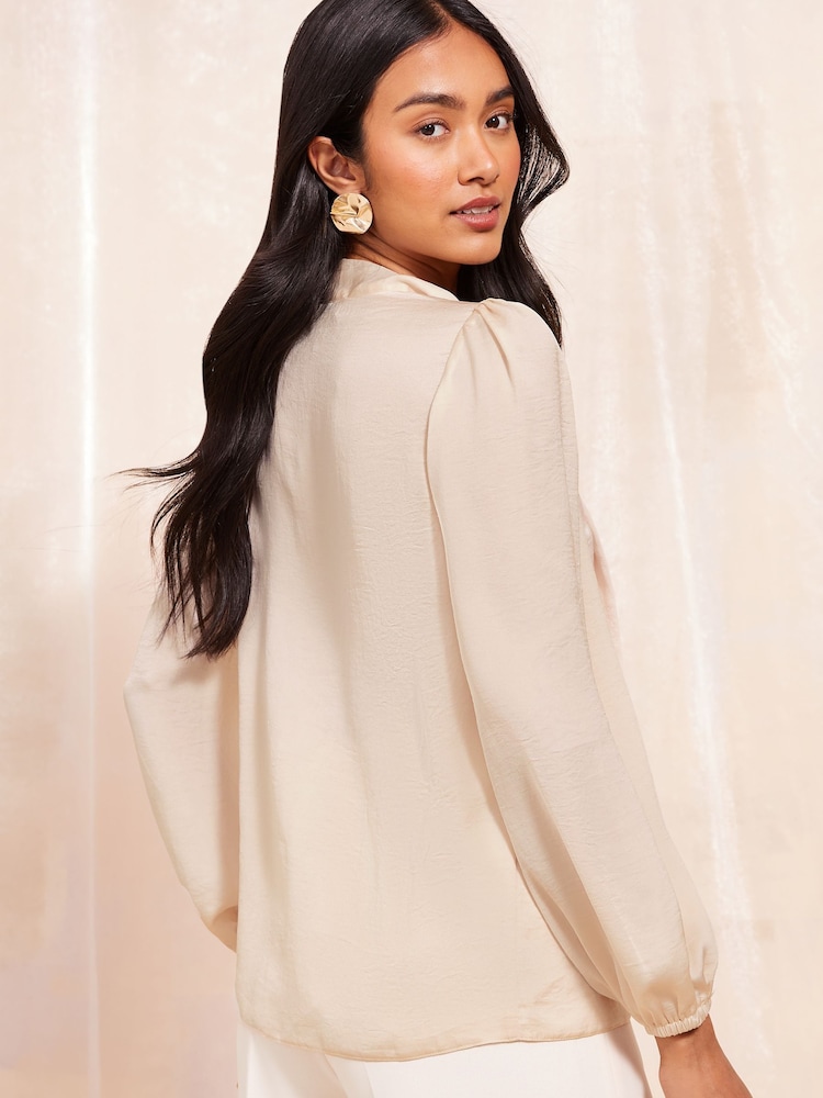 Friends Like These Cream Petite Pussy Bow Tie Front Long Sleeve Blouse - Image 4 of 4