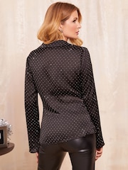 Friends Like These Black Petite Long Sleeve Hot Fix Satin Shirt - Image 4 of 4