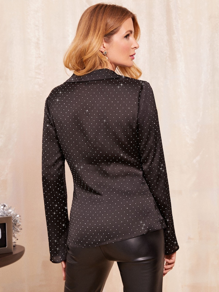 Friends Like These Black Petite Long Sleeve Hot Fix Satin Shirt - Image 4 of 4