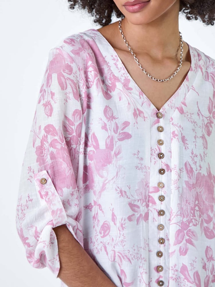 Roman Pink Button Detail Floral Top - Image 5 of 5