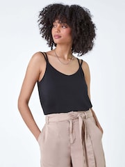 Roman Black Plain Double Strap Stretch Vest Top - Image 1 of 5