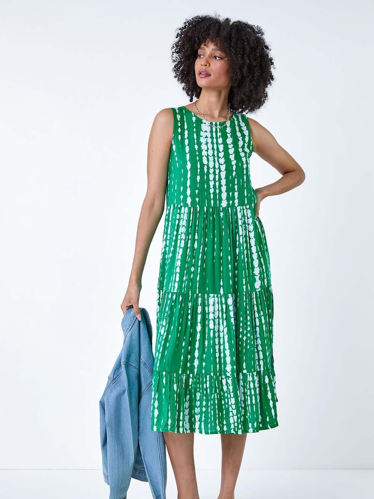 Roman Green Tie Dye Print Sleeveless Smock Dress - Image 2 of 5