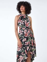 Roman Black Metallic Foil Floral Halter Neck Midi Dress - Image 1 of 5
