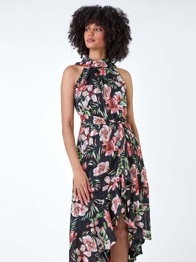 Roman Black Metallic Foil Floral Halter Neck Midi Dress - Image 1 of 5