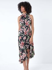 Roman Black Metallic Foil Floral Halter Neck Midi Dress - Image 2 of 5