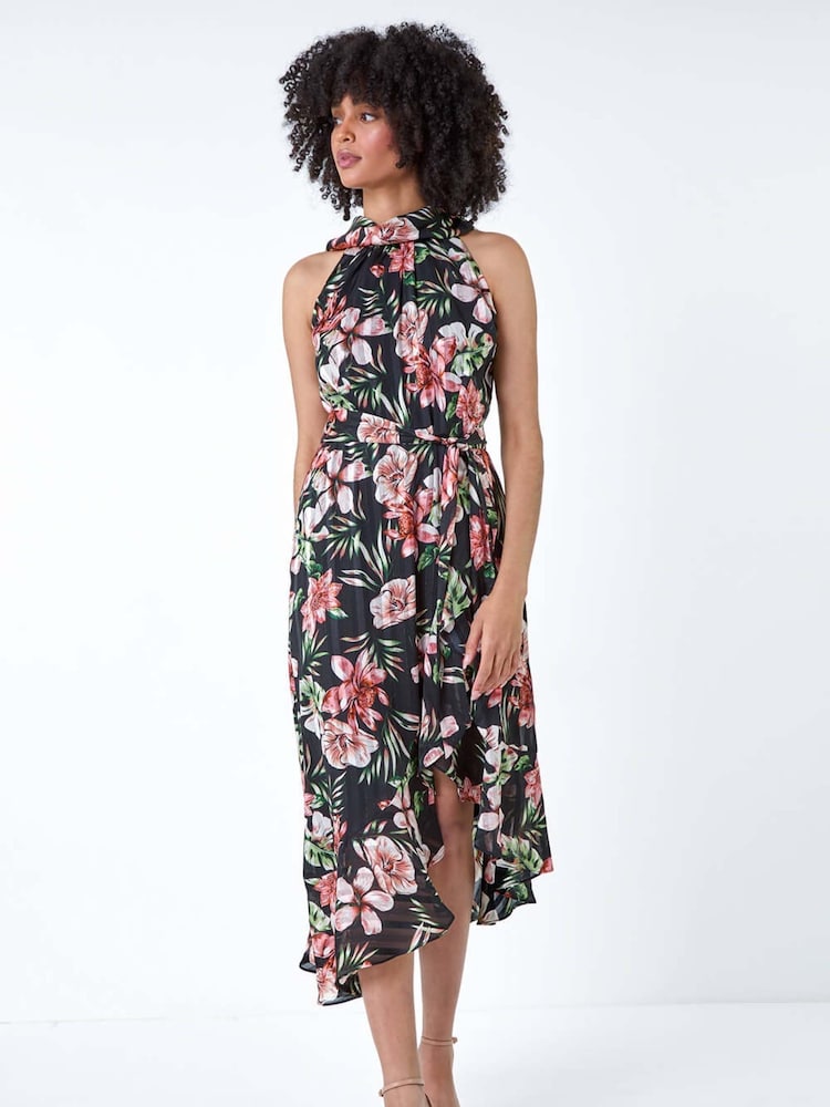 Roman Black Metallic Foil Floral Halter Neck Midi Dress - Image 2 of 5
